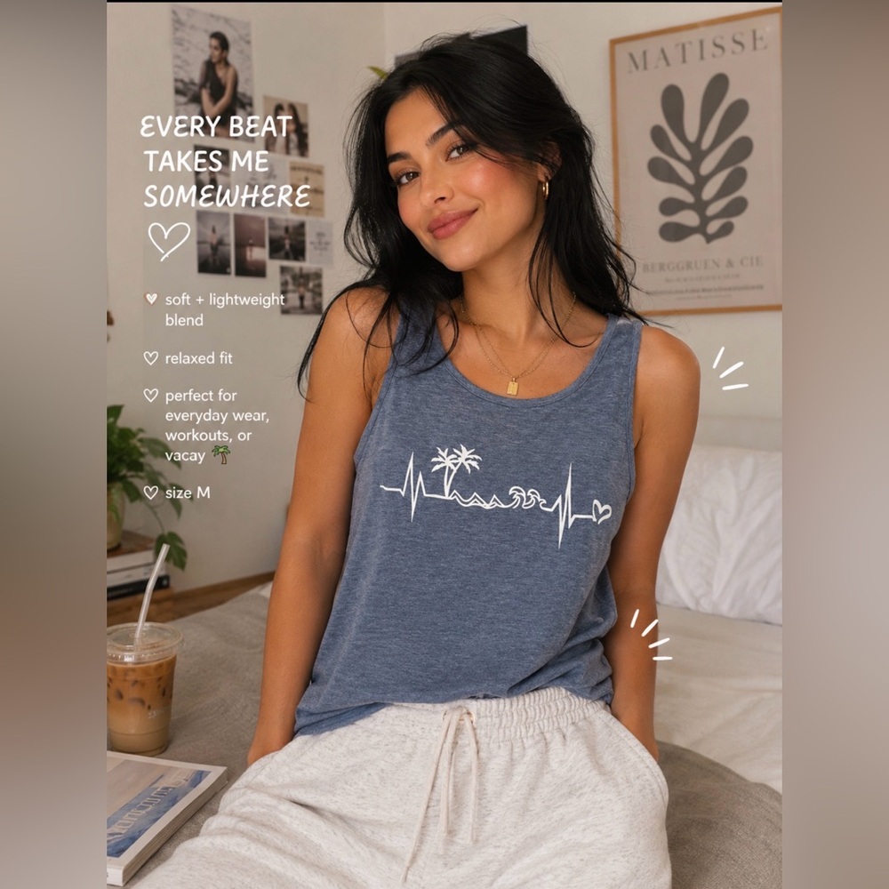 Blue Coastal Heartbeat Tank Top – Size M 🌊☀️